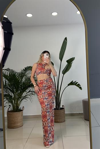 Etnik Desenli Dekolteli Elbise