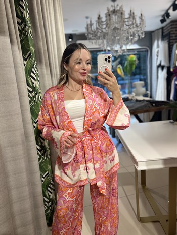 Etnik Desenli Kuşaklı Kimono Takım
