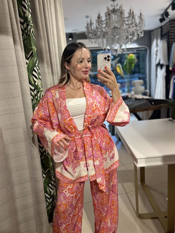 Etnik Desenli Kuşaklı Kimono Takım