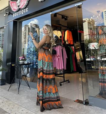 Etnik Turuncu Desenli  Elbise