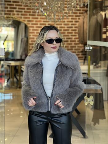 Fermuar Detay Gri Peluş Kürk