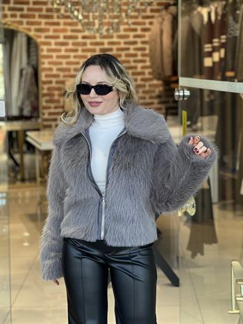 Fermuar Detay Gri Peluş Kürk