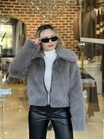 Fermuar Detay Gri Peluş Kürk