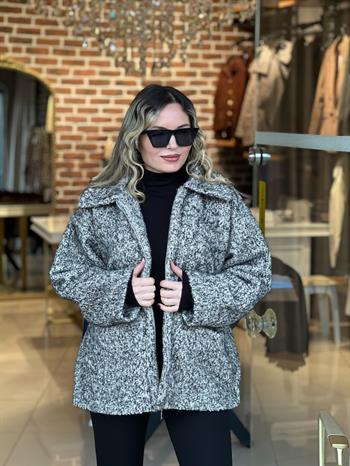 Fermuar Detaylı Buklet Ekru-Siyah Kılçıllı Kaban