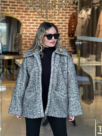 Fermuar Detaylı Buklet Ekru-Siyah Kılçıllı Kaban