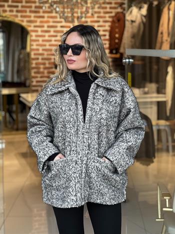 Fermuar Detaylı Buklet Ekru-Siyah Kılçıllı Kaban