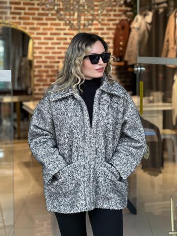 Fermuar Detaylı Buklet Ekru-Siyah Kılçıllı Kaban