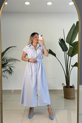 Fermuarlı Poplin Bebe Mavisi Elbise