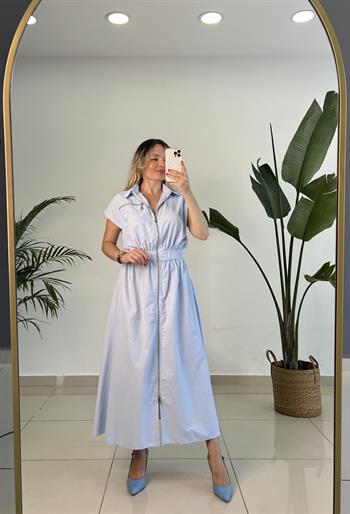 Fermuarlı Poplin Bebe Mavisi Elbise