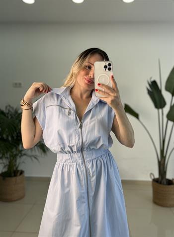 Fermuarlı Poplin Bebe Mavisi Elbise