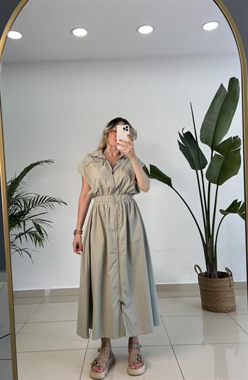Fermuarlı Poplin Olive Yeşili Elbise