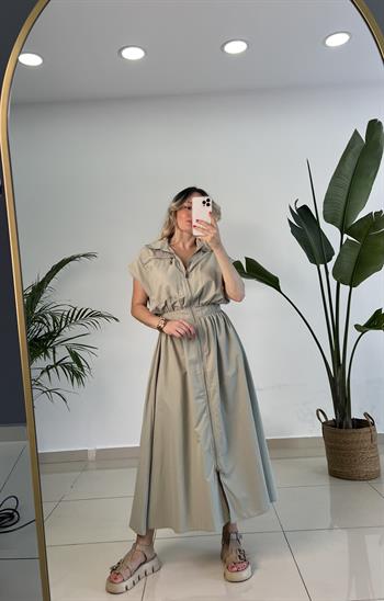 Fermuarlı Poplin Olive Yeşili Elbise