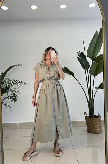 Fermuarlı Poplin Olive Yeşili Elbise