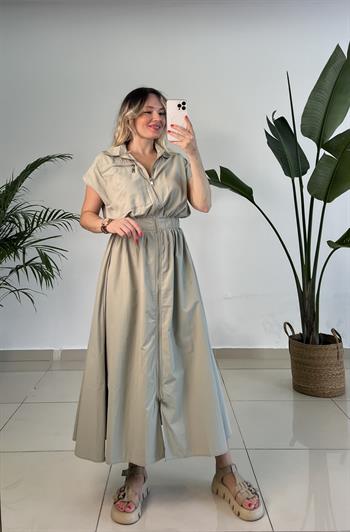 Fermuarlı Poplin Olive Yeşili Elbise