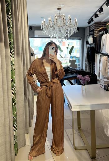 Fındık Rengi Saten Gömlek-Pantolon Takım