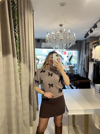 Fiyonk Detaylı Koyu Vizon Melanj Triko Kazak