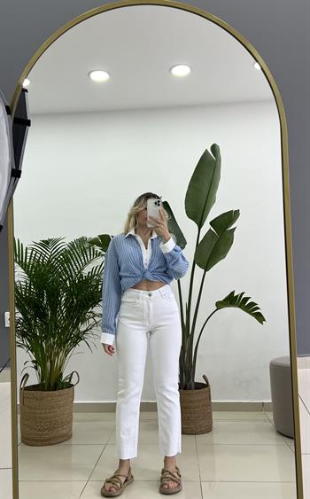 Full Likralı Beyaz Mom Fit Jean Pantolon