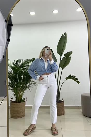 Full Likralı Beyaz Mom Fit Jean Pantolon