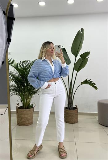 Full Likralı Beyaz Mom Fit Jean Pantolon
