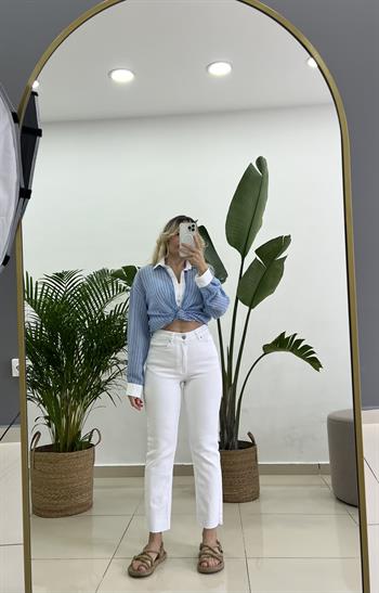 Full Likralı Beyaz Mom Fit Jean Pantolon