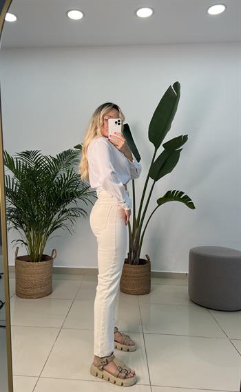 Full Likralı Pamuk Dokuda Taş Rengi Mom Fit Jean Pantolon
