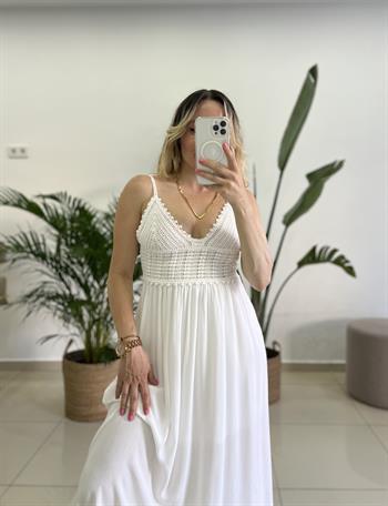 Göğüs Kısmı Örme Detaylı Beyaz Midi Elbise