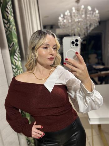 Gömlek Detaylı Bordo Triko Kazak