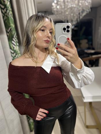 Gömlek Detaylı Bordo Triko Kazak