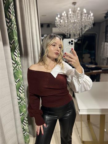 Gömlek Detaylı Bordo Triko Kazak