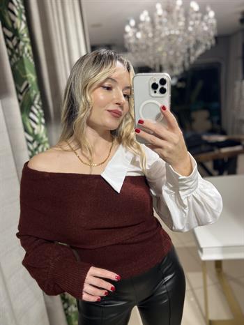 Gömlek Detaylı Bordo Triko Kazak