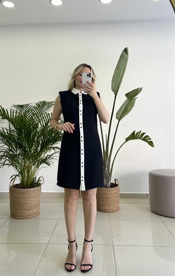 Gömlek Yaka Düğme Detaylı Siyah Elbise