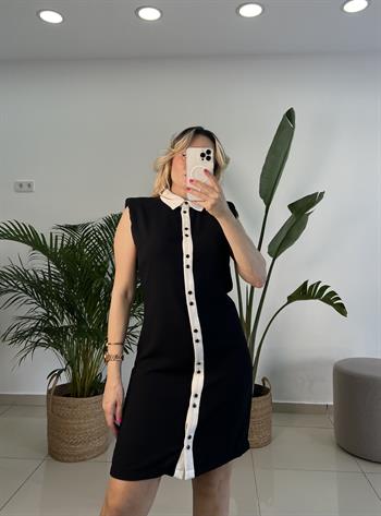 Gömlek Yaka Düğme Detaylı Siyah Elbise