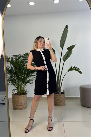 Gömlek Yaka Düğme Detaylı Siyah Elbise