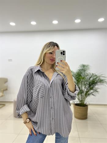 Gri Çizgili Oversize Gömlek