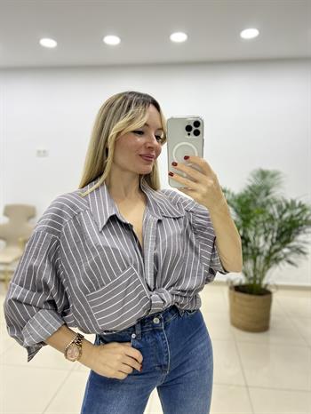 Gri Çizgili Oversize Gömlek