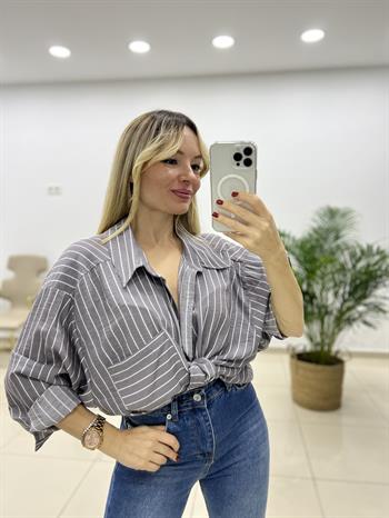 Gri Çizgili Oversize Gömlek