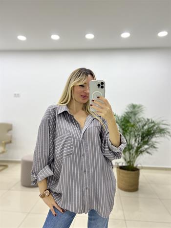 Gri Çizgili Oversize Gömlek