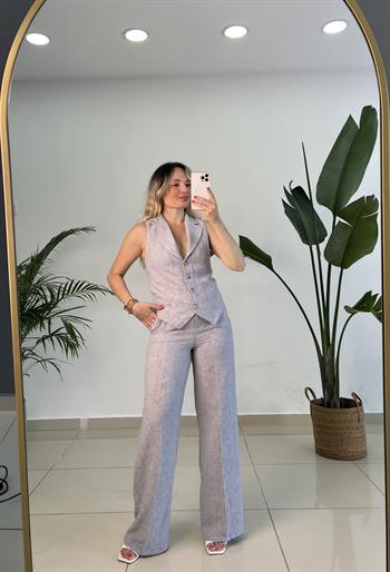 Gri Keten Yelekli Pantolon Takım