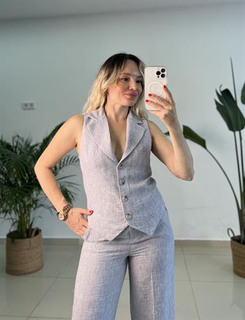 Gri Keten Yelekli Pantolon Takım