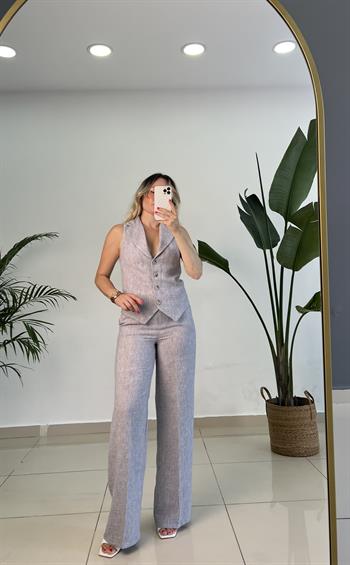 Gri Keten Yelekli Pantolon Takım