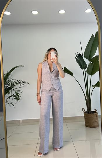 Gri Keten Yelekli Pantolon Takım