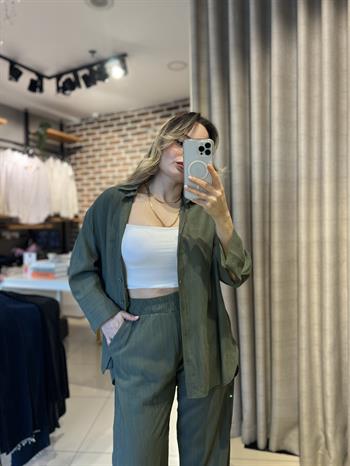 Haki Mevsimlik Salaş Gömlek-Pantolon Takım