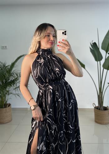 Halter Yaka İpek Saten Desenli Elbise