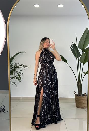 Halter Yaka İpek Saten Desenli Elbise