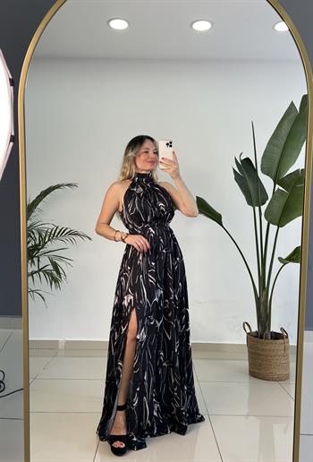 Halter Yaka İpek Saten Desenli Elbise