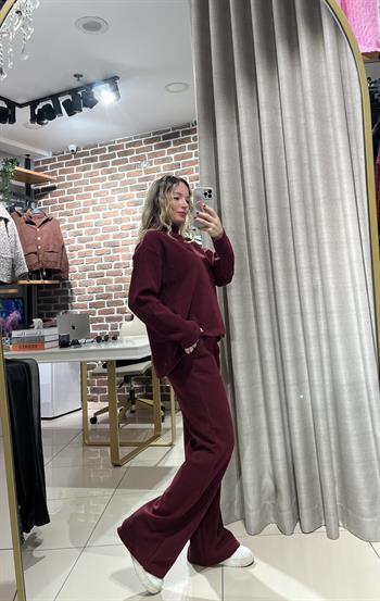 İnce Fitilli Pamuk Dokuda Bordo Eşofman Takım