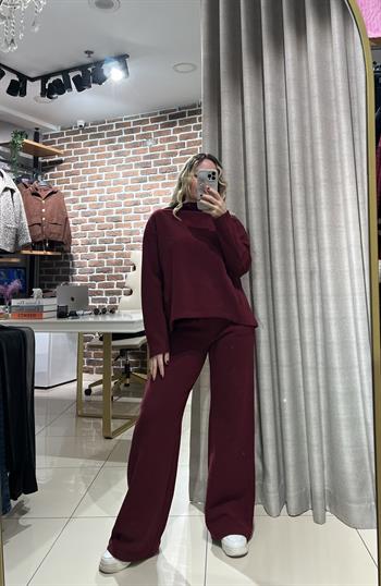 İnce Fitilli Pamuk Dokuda Bordo Eşofman Takım