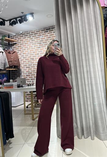 İnce Fitilli Pamuk Dokuda Bordo Eşofman Takım