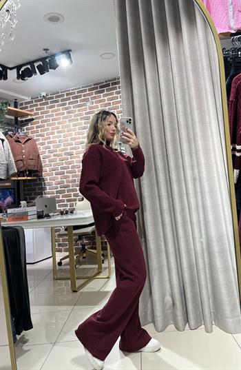 İnce Fitilli Pamuk Dokuda Bordo Eşofman Takım