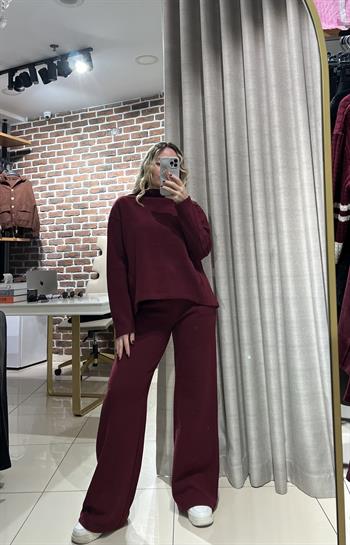 İnce Fitilli Pamuk Dokuda Bordo Eşofman Takım